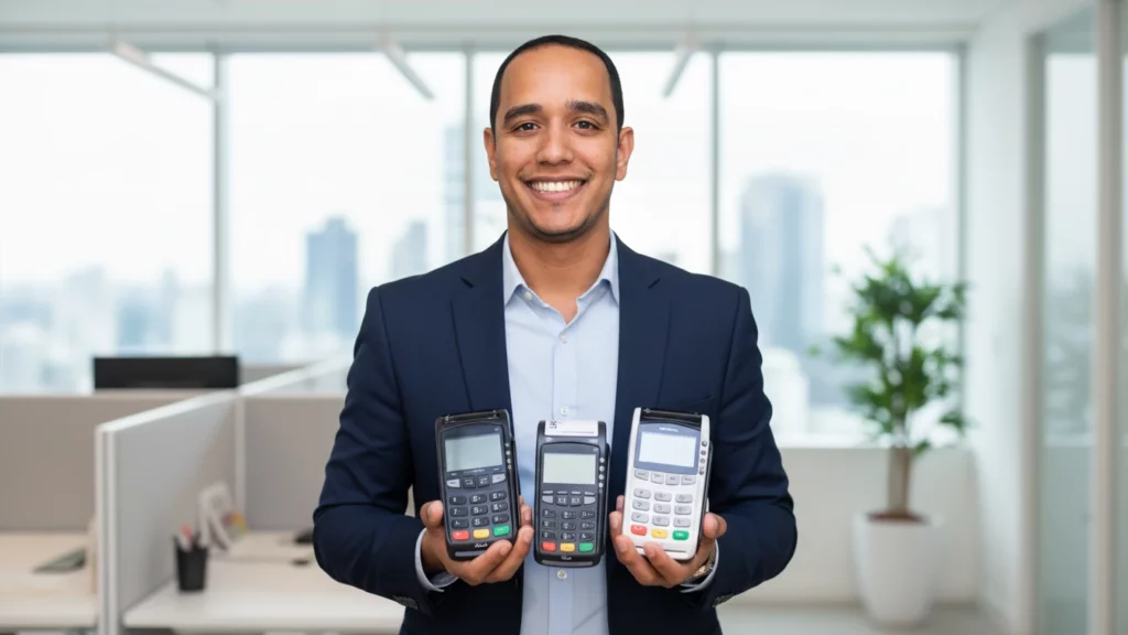 Homem sorrindo segurando três maquininhas de cartão em um escritório, representando vendas e faturamento com meios de pagamento.